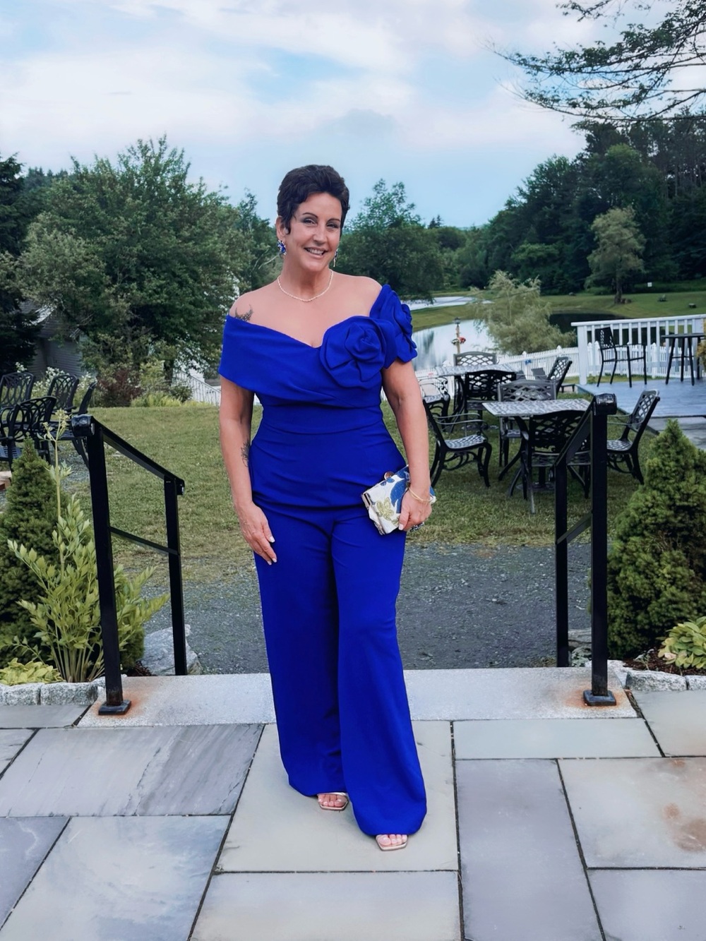 Off-Shoulder Wide Leg Jumpsuit with Floral Detail - Royal Blue - Picture 3 of 3